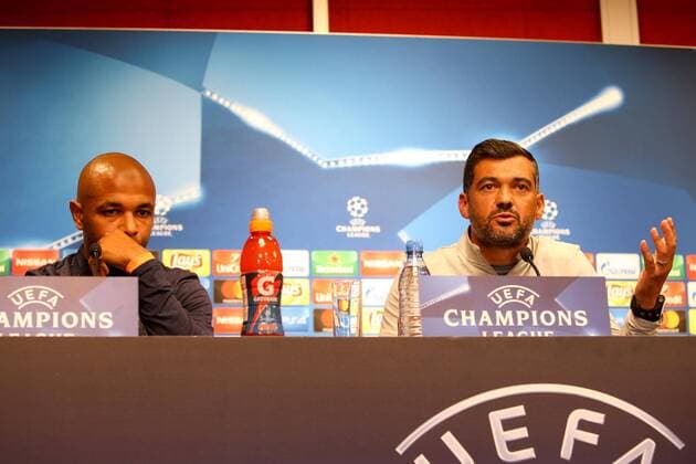RB Leipzig press conference Champions League Leipzig 16 10 2017 Red Bull Arena Football UEFA Champions League Group G 3 Matchday Press conference at Day the Game RB Leipzig vs FC Porto in Picture v l Yacine Brahimi 8 Porto and team manager Sergio Conceicao Conceicao Porto
