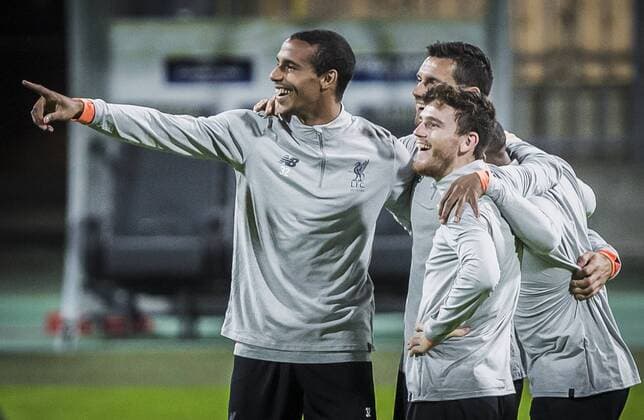 16th October 2017, Ljudski Vrt Stadium, Maribor, Slovenia; UEFA Champions League training, Maribor versus Liverpool; Defender Joel Matip of Liverpool, Defender Andy Robertson of liverpool reacts during the training session  ActionPlus11940963