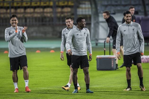 16th October 2017, Ljudski Vrt Stadium, Maribor, Slovenia; UEFA Champions League training, Maribor versus Liverpool; Midfielder James Milner of Liverpool, Forward Roberto Firminio of Liverpool, Midfielder Georginio Wijnaldum of Liverpool and Midfielder Emre Can of Liverpool reacts during the training session  ActionPlus11940964