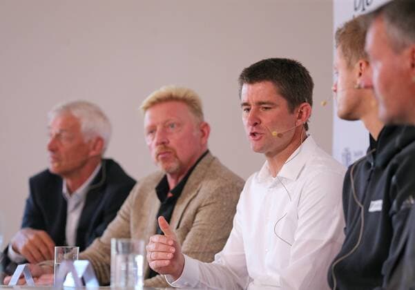 17 10 2017 Germany Ismaning Tennis DTB Panel discussion in Picture DTB Sports Director Klaus Eberhard DTB Head of Tennis Boris Becker Davis Cup Captain Michael Kohlmann Davis Cup Players Yannick Hanfmann and BTV Vice President Dr Peter Ismaning Copyright: xBachun xEibner-Pressefotox EP_tbn