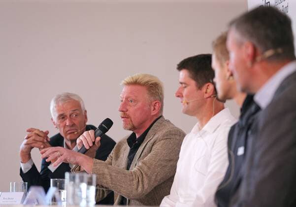 Ismaning Germany 17 10 2017 Tennis DTB Panel discussion Image Shows Germany Ismaning Tennis DTB Panel discussion in Picture DTB Sports Director Klaus Eberhard DTB Head of Tennis Boris Becker Davis Cup Captain Michael Kohlmann Davis Cup Players Yannick Hanfmann and BTV Vice President Dr Peter Photo GEPA Pictures Thomas Bachun Ismaning Copyright: xBachun xEibner-Pressefotox EP_tbn