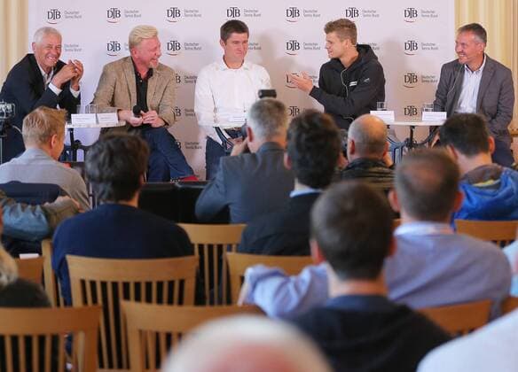 17 10 2017 Germany Ismaning Tennis DTB Panel discussion in Picture DTB Sports Director Klaus Eberhard DTB Head of Tennis Boris Becker Davis Cup Captain Michael Kohlmann Davis Cup Players Yannick Hanfmann and BTV Vice President Dr Peter Ismaning Copyright: xBachun xEibner-Pressefotox EP_tbn