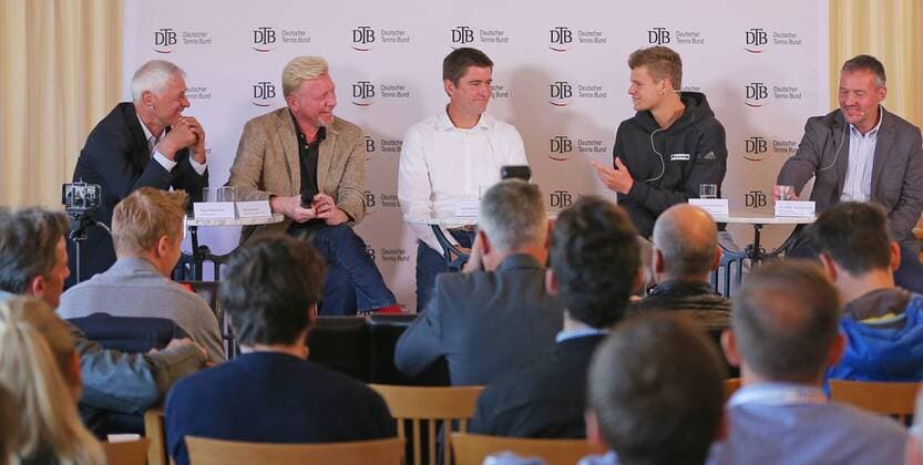 Ismaning Germany 17 10 2017 Tennis DTB Panel discussion Image Shows Germany Ismaning Tennis DTB Panel discussion in Picture DTB Sports Director Klaus Eberhard DTB Head of Tennis Boris Becker Davis Cup Captain Michael Kohlmann Davis Cup Players Yannick Hanfmann and BTV Vice President Dr Peter Photo GEPA Pictures Thomas Bachun Ismaning Copyright: xBachun xEibner-Pressefotox EP_tbn