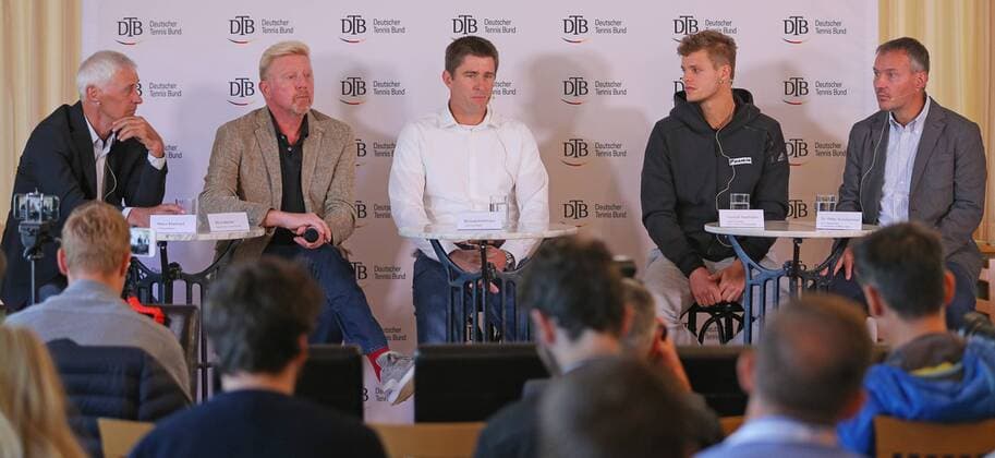 17 10 2017 Germany Ismaning Tennis DTB Panel discussion in Picture DTB Sports Director Klaus Eberhard DTB Head of Tennis Boris Becker Davis Cup Captain Michael Kohlmann Davis Cup Players Yannick Hanfmann and BTV Vice President Dr Peter Ismaning Copyright: xBachun xEibner-Pressefotox EP_tbn