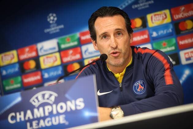 PSG s head coach Unai Emery pictured during a press conference PK Pressekonferenz of French soccer team Paris Saint-Germain, Tuesday 17 October 2017 in Brussels. Tomorrow PSG is playing a game in the group stage (Group B) of the UEFA Champions League competition against Belgian soccer team RSC Anderlecht. VIRGINIExLEFOUR  x05184781x