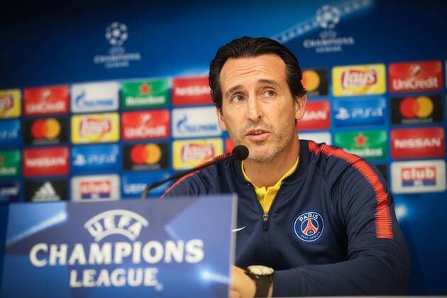 PSG s head coach Unai Emery pictured during a press conference PK Pressekonferenz of French soccer team Paris Saint-Germain, Tuesday 17 October 2017 in Brussels. Tomorrow PSG is playing a game in the group stage (Group B) of the UEFA Champions League competition against Belgian soccer team RSC Anderlecht. VIRGINIExLEFOUR  x05184788x