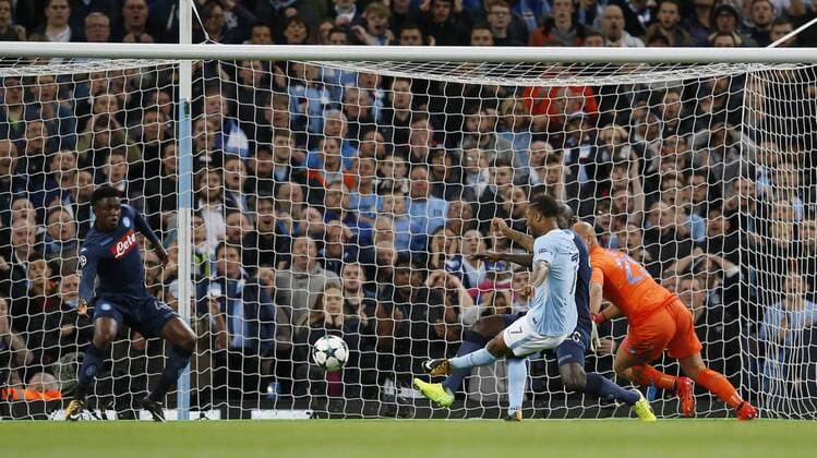 Raheem Sterling of Manchester City scores the first goal during the champions league match at the Etihad Stadium, Manchester. Picture date 17th October 2017. Picture credit should read: Simon Bellis Sportimage EDITORIAL USE ONLY. No use with unauthorised audio, video, data, fixture lists, club league logos or live services. Online in-match use limited to 120 images, no video emulation. No use in betting, games or single club league player publications.