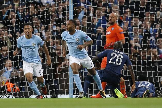 Raheem Sterling of Manchester City turns to celebrate scoring the first goal during the champions league match at the Etihad Stadium, Manchester. Picture date 17th October 2017. Picture credit should read: Simon Bellis Sportimage EDITORIAL USE ONLY. No use with unauthorised audio, video, data, fixture lists, club league logos or live services. Online in-match use limited to 120 images, no video emulation. No use in betting, games or single club league player publications.