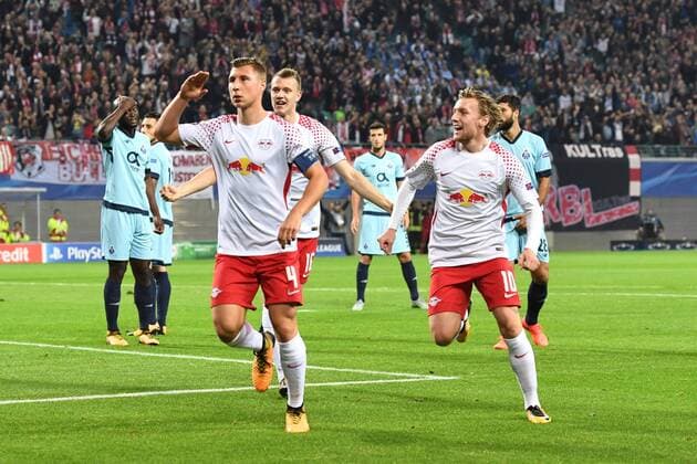 Football men Season 2017 2018 Champions League Group G 3 Matchday RB Leipzig FC Porto cheering After the goal to 1 0 Willi Orban No 4 RB Leipzig Lukas Klostermann No 16 RB Leipzig Emil Forsberg No 10 RB Leipzig 17 10 2017 Copyright: xMatthiasxKochx