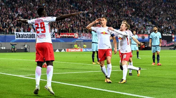 Football men Season 2017 2018 Champions League Group G 3 Matchday RB Leipzig FC Porto cheering After the goal to 1 0 Jean Kevin Augustin No 29 RB Leipzig Willi Orban No 4 RB Leipzig Emil Forsberg No 10 RB Leipzig Lukas Klostermann No 16 RB Leipzig 17 10 2017 Copyright: xMatthiasxKochx