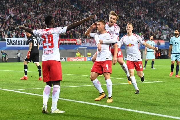 Football men Season 2017 2018 Champions League Group G 3 Matchday RB Leipzig FC Porto cheering After the goal to 1 0 Jean Kevin Augustin No 29 RB Leipzig Willi Orban No 4 RB Leipzig Emil Forsberg No 10 RB Leipzig Lukas Klostermann No 16 RB Leipzig 17 10 2017 Copyright: xMatthiasxKochx