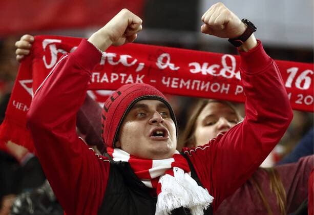 MOSCOW, RUSSIA - OCTOBER 17, 2017: Spartak Moscow s fan roots for his team in the 2017 18 UEFA Champions League Group E Round 3 football match against FC Sevilla at Otkrytiye Arena Stadium. Stanislav Krasilnikov TASS  TS0650AB