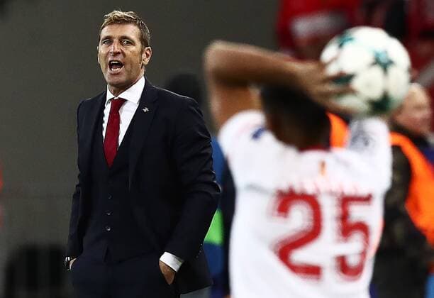 MOSCOW, RUSSIA - OCTOBER 17, 2017: Spartak Moscow s manager Massimo Carrera at the 2017 18 UEFA Champions League Group E Round 3 football match against FC Sevilla at Otkrytiye Arena Stadium. Stanislav Krasilnikov TASS  TS0650AF