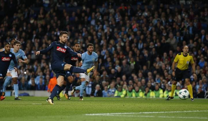 Dries Mertens of Napoli takes a penalty which is saved by Ederson of Manchester City during the champions league match at the Etihad Stadium, Manchester. Picture date 17th October 2017. Picture credit should read: Simon Bellis Sportimage EDITORIAL USE ONLY. No use with unauthorised audio, video, data, fixture lists, club league logos or live services. Online in-match use limited to 120 images, no video emulation. No use in betting, games or single club league player publications.