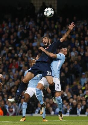 Kyle Walker of Manchester City brings down Raul Albiol of Napoli to give away a penalty during the champions league match at the Etihad Stadium, Manchester. Picture date 17th October 2017. Picture credit should read: Simon Bellis Sportimage EDITORIAL USE ONLY. No use with unauthorised audio, video, data, fixture lists, club league logos or live services. Online in-match use limited to 120 images, no video emulation. No use in betting, games or single club league player publications.
