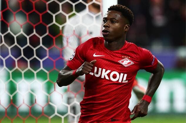 MOSCOW, RUSSIA - OCTOBER 17, 2017: Spartak Moscow s Quincy Promes celebrates scoring in the 2017 18 UEFA Champions League Group E Round 3 football match against FC Sevilla at Otkrytiye Arena Stadium. Stanislav Krasilnikov TASS  TS0650B6