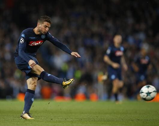 Dries Mertens of Napoli takes a shot on goal during the champions league match at the Etihad Stadium, Manchester. Picture date 17th October 2017. Picture credit should read: Simon Bellis Sportimage EDITORIAL USE ONLY. No use with unauthorised audio, video, data, fixture lists, club league logos or live services. Online in-match use limited to 120 images, no video emulation. No use in betting, games or single club league player publications.