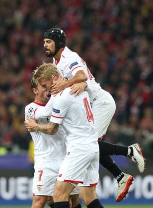 Match of the group stage of the Champions League between FC Spartak (Moscow, Russia) and FC Sevilla (Seville, Spain). Goa team FC Sevilla. 