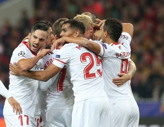 Match of the group stage of the Champions League between FC Spartak (Moscow, Russia) and FC Sevilla (Seville, Spain). Goa team FC Sevilla. 
