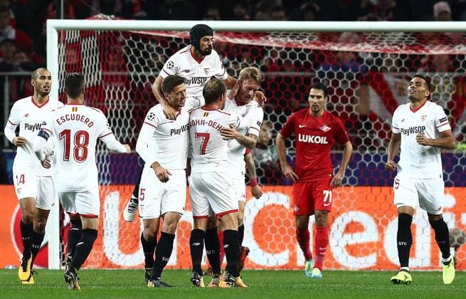 MOSCOW, RUSSIA - OCTOBER 17, 2017: FC Sevilla s players celebrate scoring in the 2017 18 UEFA Champions League Group E Round 3 football match against Spartak Moscow at Otkrytiye Arena Stadium. Stanislav Krasilnikov TASS  TS0650BC