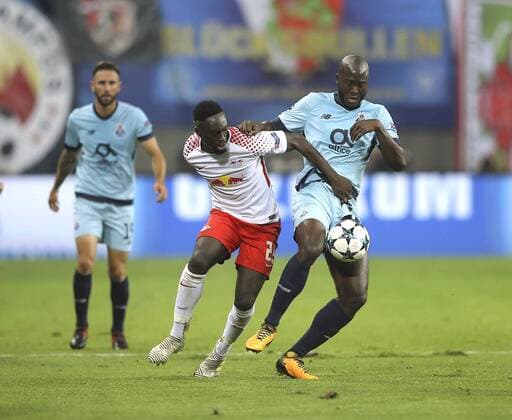Photo Scorer Jean Kevin Augustin left Leipzig against Danilo Football UEFA Champions League at Tue 17 10 2017 Group game RB Leipzig FC Porto