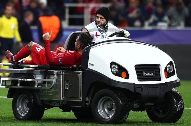 MOSCOW, RUSSIA - OCTOBER 17, 2017: Spartak Moscow s Alexander Samedov (front) injured in the 2017 18 UEFA Champions League Group E Round 3 football match against FC Sevilla at Otkrytiye Arena Stadium. Stanislav Krasilnikov TASS  TS0650BF