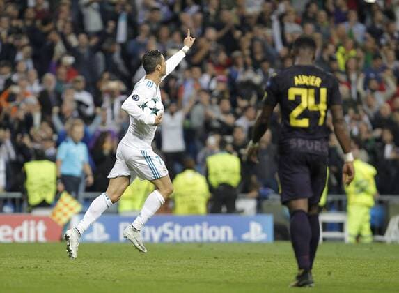 Soccer match between Real Madrid and Tottenham of Champions League 2017 2018 held at the Santiago Bernabeu stadium in Madrid Photo J Luis Cuesta 261 Cordon Press Cristiano Ronaldo celebrates after scoring  xJosexLuisxCuestax xx