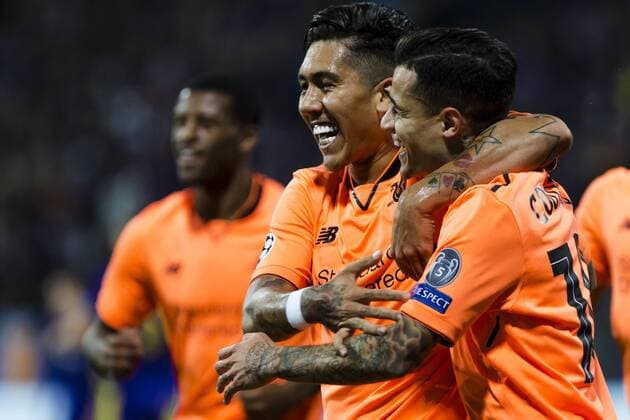 17th October 2017, Ljudski vrt, Maribor, Slovenia; UEFA Champions League, NK Maribor versus Liverpool; Midfielder Philippe Coutinho of Liverpool celebrates the goal for 0-2 with Forward Roberto Firminio of Liverpool  ActionPlus11941093