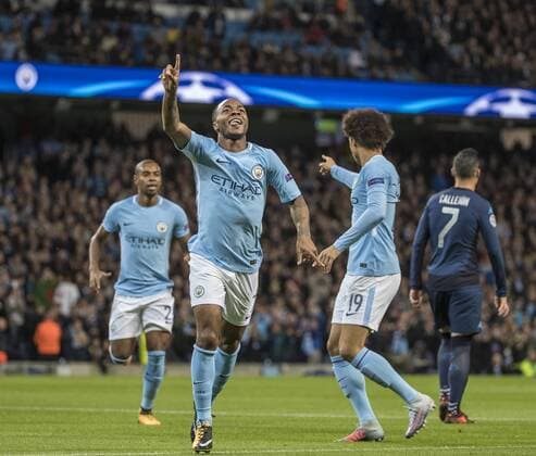 17th October 2017, Etihad Stadium, Manchester, England; UEFA Champions League, Manchester City versus Napoli; Raheem Sterling of Manchester City scores the opening goal of the game to make it 1-0 to Man City in the 8th minute  ActionPlus11941109