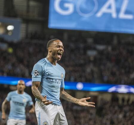 17th October 2017, Etihad Stadium, Manchester, England; UEFA Champions League, Manchester City versus Napoli; Raheem Sterling of Manchester City scores the opening goal of the game to make it 1-0 to Man City in the 8th minute  ActionPlus11941110