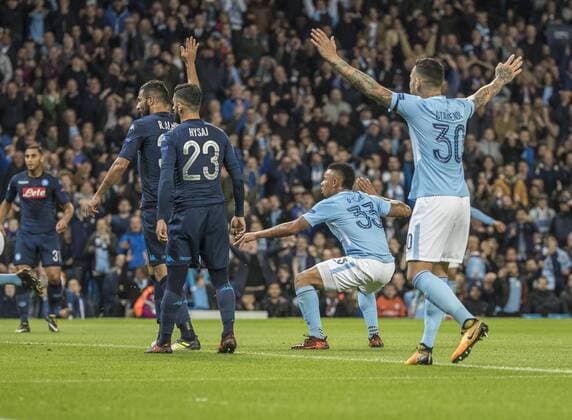 17th October 2017, Etihad Stadium, Manchester, England; UEFA Champions League, Manchester City versus Napoli; Gabriel Jesus of Manchester City turns to celebrate the second goal making it 2-0 to Manchester City  ActionPlus11941111