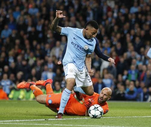 Gabriel Jesus of Manchester City rounds Pepe Reina of Napoli to score only for it to be ruled offside during the champions league match at the Etihad Stadium, Manchester. Picture date 17th October 2017. Picture credit should read: Simon Bellis Sportimage EDITORIAL USE ONLY. No use with unauthorised audio, video, data, fixture lists, club league logos or live services. Online in-match use limited to 120 images, no video emulation. No use in betting, games or single club league player publications.