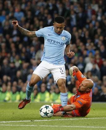Gabriel Jesus of Manchester City rounds Pepe Reina of Napoli to score only for it to be ruled offside during the champions league match at the Etihad Stadium, Manchester. Picture date 17th October 2017. Picture credit should read: Simon Bellis Sportimage EDITORIAL USE ONLY. No use with unauthorised audio, video, data, fixture lists, club league logos or live services. Online in-match use limited to 120 images, no video emulation. No use in betting, games or single club league player publications.
