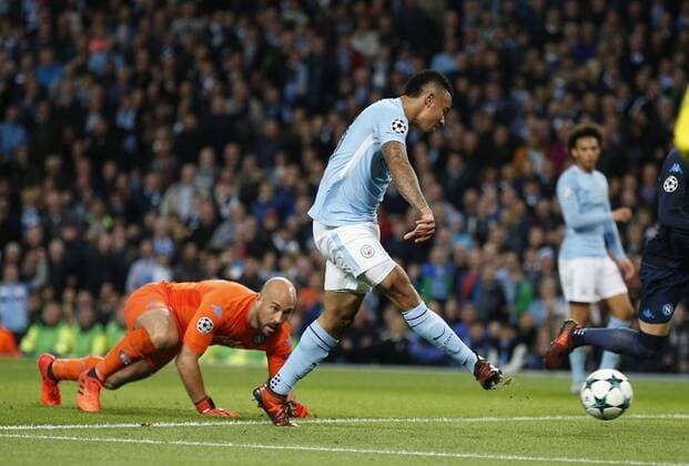 Gabriel Jesus of Manchester City rounds Pepe Reina of Napoli to score only for it to be ruled offside during the champions league match at the Etihad Stadium, Manchester. Picture date 17th October 2017. Picture credit should read: Simon Bellis Sportimage EDITORIAL USE ONLY. No use with unauthorised audio, video, data, fixture lists, club league logos or live services. Online in-match use limited to 120 images, no video emulation. No use in betting, games or single club league player publications.