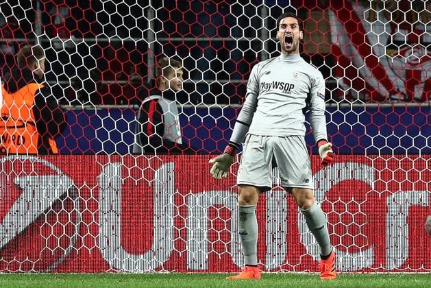 MOSCOW, RUSSIA - OCTOBER 17, 2017: FC Sevilla s goalkeeper Sergio Rico reacts as he concedes a goal in the 2017 18 UEFA Champions League Group E Round 3 football match against Spartak Moscow at Otkrytiye Arena Stadium. Stanislav Krasilnikov TASS  TS0650D0