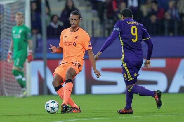 PXL_UEFA Champions League, NK Maribor vs Liverpool FC 17.10.2017., Ljudski vrt Stadium, Maribor, Slovenia - UEFA Champions League, 3rd round, group E, NK Maribor vs Liverpool FC. Joel Matip, Marcos Tavares.  LukaxStanzl PIXSELL