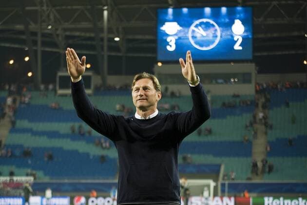 UEFA Champions League 2017 2018 Group stage 3 Matchday RB Leipzig vs FC Porto RBL team manager Ralph Hasenhüttl cheering After the Game with the supporters Leipzig Saxony Germany