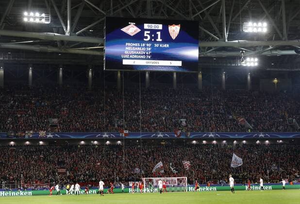 Match of the group stage of the Champions League between FC Spartak (Moscow, Russia) and FC Sevilla (Seville, Spain). 