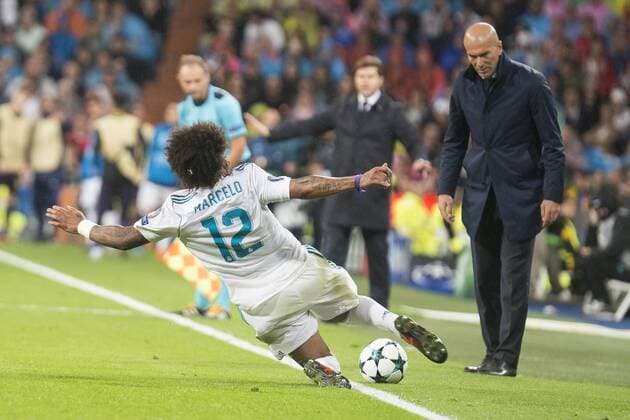 Real Madrid Marcelo and coach Zinedine Zidane during UEFA Champions League match between Real Madrid and Tottenham at Santiago Bernabeu in Madrid, Spain October 17, 2017.  (20171017033)