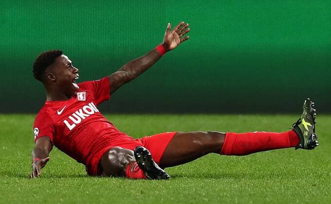 MOSCOW, RUSSIA - OCTOBER 17, 2017: Spartak Moscow s Quincy Promes celebrates scoring in the 2017 18 UEFA Champions League Group E Round 3 football match against FC Sevilla at Otkrytiye Arena Stadium. FC Spartak Moscow won the game 5-1. Stanislav Krasilnikov TASS  TS0650DB