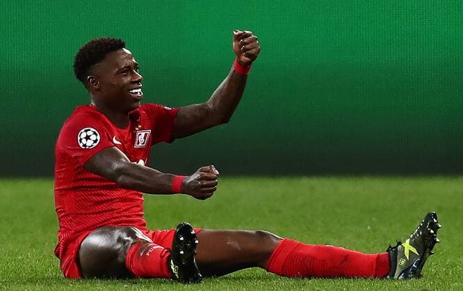 MOSCOW, RUSSIA - OCTOBER 17, 2017: Spartak Moscow s Quincy Promes celebrates scoring in the 2017 18 UEFA Champions League Group E Round 3 football match against FC Sevilla at Otkrytiye Arena Stadium. FC Spartak Moscow won the game 5-1. Stanislav Krasilnikov TASS  TS0650DE