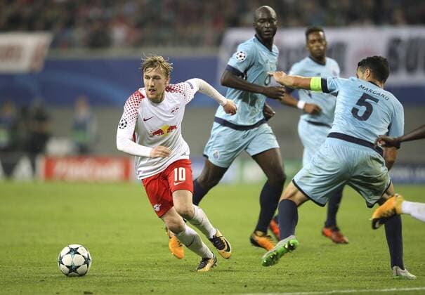 Photo Emil Forsberg Leipzig against Ivan Marcano 5 and Danilo Football UEFA Champions League at Tue 17 10 2017 Group game RB Leipzig FC Porto 3 2