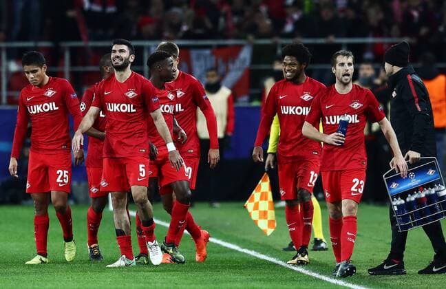 MOSCOW, RUSSIA - OCTOBER 17, 2017: Spartak Moscow s players celebrate their victory in the 2017 18 UEFA Champions League Group E Round 3 football match against FC Sevilla at Otkrytiye Arena Stadium. FC Spartak Moscow won the game 5-1. Stanislav Krasilnikov TASS  TS0650E3