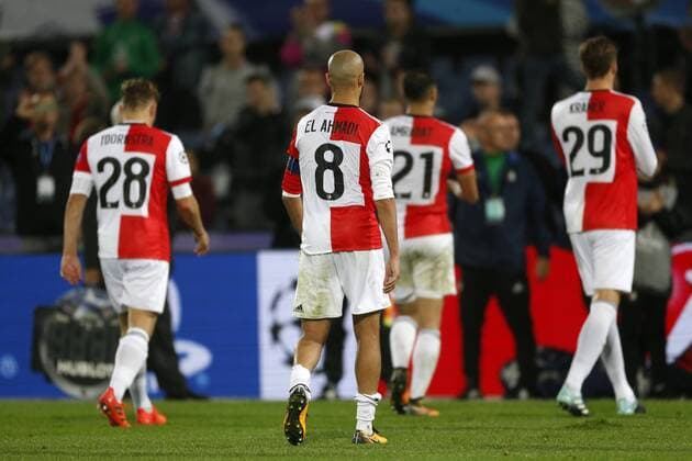 (L-R), Jens Toornstra of Feyenoord, Karim El Ahmadi of Feyenoord, Sofyan Amrabat of Feyenoord, Michiel Kramer of Feyenoord during the UEFA Champions League group F match between Feyenoord Rotterdam and Shakhtar Donetsk at the Kuip on October 17, 2017 in Rotterdam, The Netherlands UEFA Champions League 2017 2018 xVIxVIxImagesx xJeroenxPutmansxIVx 9042837