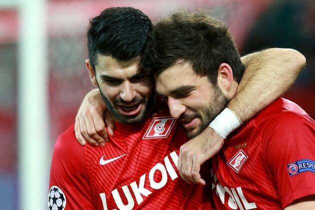October 17, 2017. Russia, Moscow, Otkritie Arena Stadium. Spartak s player and Sevilla s player in the 2017 18 UEFA Champions League s group stage match between Spartak (Moscow, Russia) and Sevilla FC (Sevilla, Spain) DmitryxGolubovich 