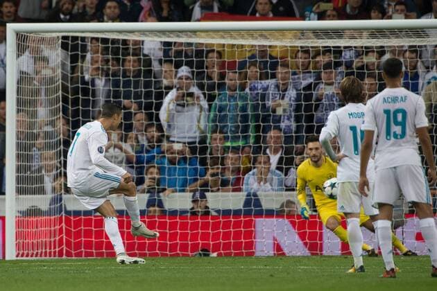 Cristiano Ronaldo of Real Madrid scoring a goal during UEFA Champions League 2017 18 group H match between Real Madrid and Tottenham Hotspur played at the Santiago Bernabeu Stadium in Madrid on October 17th 2017  xRudyx xAFP7x xRealxMadridxvxTottenham,xChampionsxLeague,xOctx17thx2017x