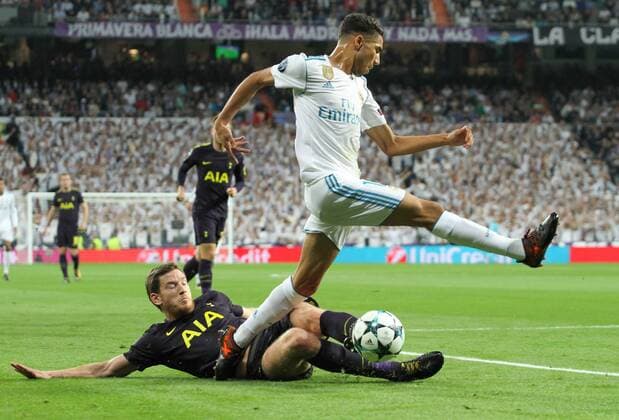 Real MadridÂ s defense Achraf during Champions League match between Real Madrid and Tottenham at the Santiago Bernabeu stadium in Madrid Tuesday Oct 17th 2017  xIrinaxR.xH.x xAFP7x xRealxMadridxvxTottenham,xChampionsxLeague,xOctx17thx2017x