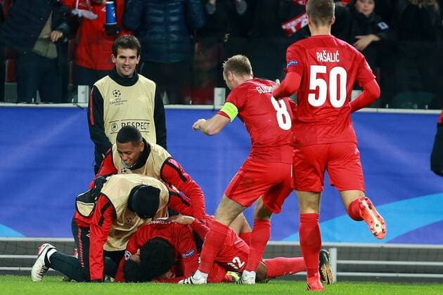October 18, 2017 - Moscow, Russia - October 17, 2017. Russia, Moscow, Otkritie Arena Stadium. Spartak s players celebrate scoring a goal in the 2017 18 UEFA Champions League s group stage match between Spartak (Moscow, Russia) and Sevilla FC Soccer 2017: Champions League: Spartak Moscow vs Sevilla FC  - ZUMAl75_ 20171018_zaf_l75_033 Copyright: xDmitryxGolubovichx