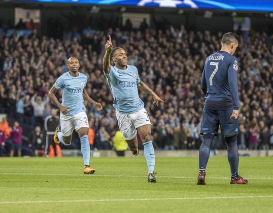 17th October 2017, Etihad Stadium, Manchester, England; UEFA Champions League, Manchester City versus Napoli; Raheem Sterling of Manchester City celebrates scoring the first goal of the game in the 8th minute  ActionPlus11941174