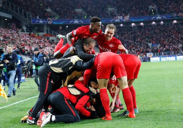 Match of the group stage of the Champions League between FC Spartak (Moscow, Russia) and FC Sevilla (Seville, Spain). Spartak s players are happy with the score. 
